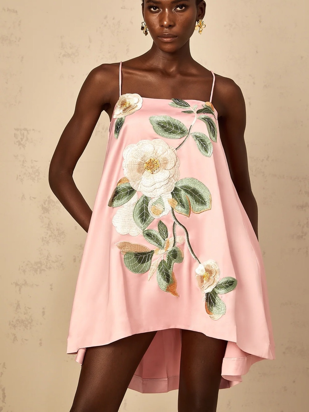 Pink Floral High-Low Slip Dress | Avril Pink Floral Embroidered Satin Mini Dress